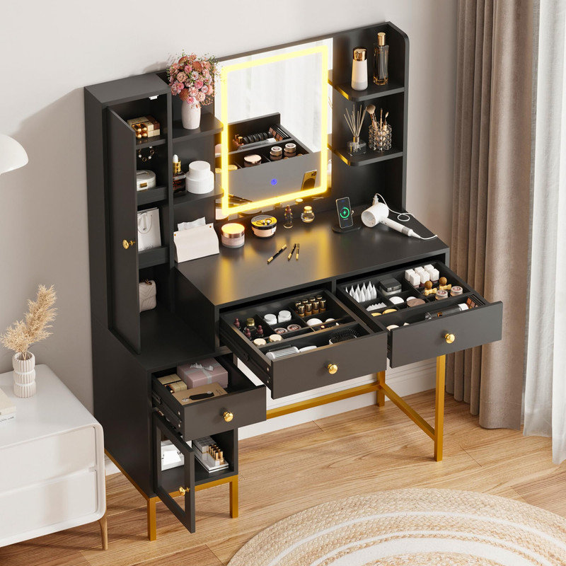 Meuble-lavabo noir avec miroir et lumières, table de maquillage à DEL avec station de charge et rangement pour bijoux pour la chambre à coucher