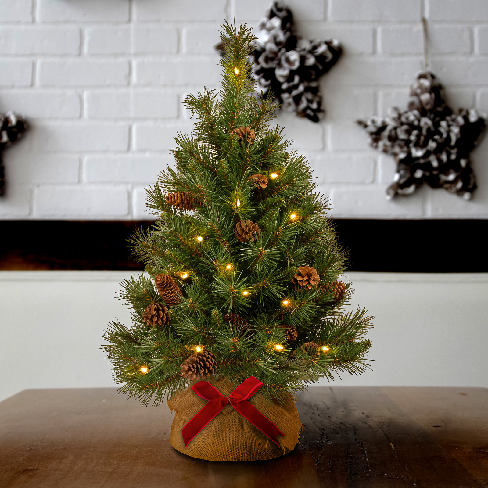 3' Green Pine Christmas Tree with 35 LED Lights and Pinecones