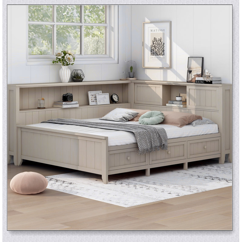 Full Size Wood Daybed With Storage Shelves And 3 Drawers, Antique White Milk