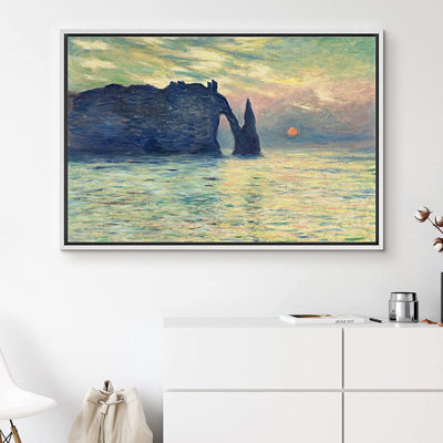 Famous Artwork " IDEA4WALL Framed Canvas Print Wall Art Claude Monet's Étretat, Sunset Decorative Historic Oil Painting Fine Art Traditional Scenic Colorful Ultra For Living Room, Bedroom, Office " by Claude Monet Painting Print