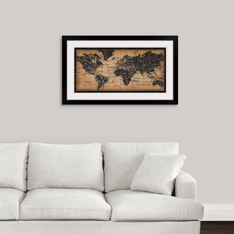 « Old World Map » par Pela Studio - impression d'art graphique, Cadre noir, H 23 po x l 38 po x P 1 po