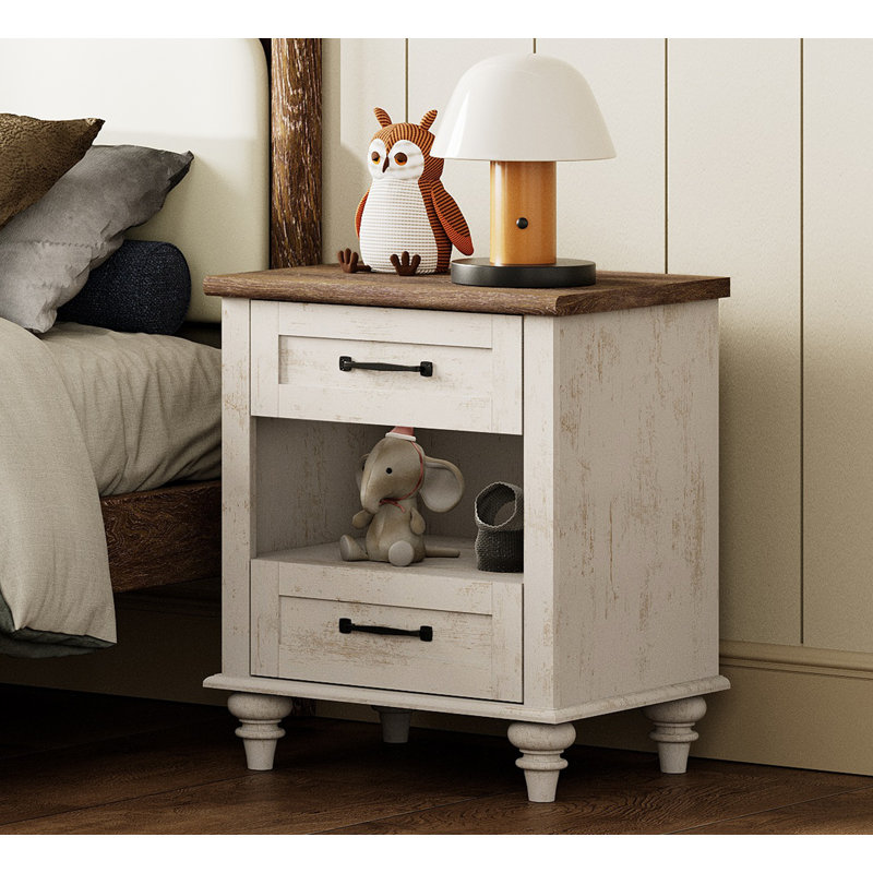 Table de chevet 2 tiroirs Scarlett, Individuel, Blanc antique / brun