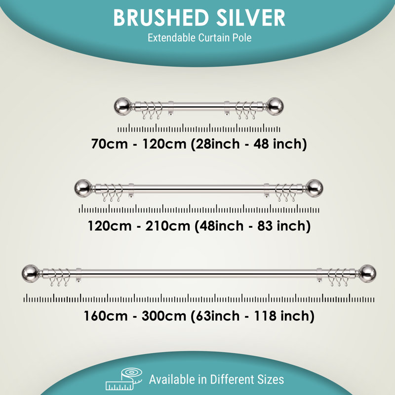 Plain Metal Ball Extendable Single Curtain Rod /Pole, 160-300 Cm, Chrome