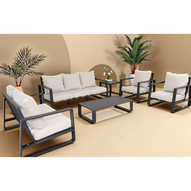 Ensemble de mobilier d'extérieur de luxe en aluminium 6 pièces avec coussins gris clair - Comprend un canapé avec table basse, fauteuil, causeuse et table de bout