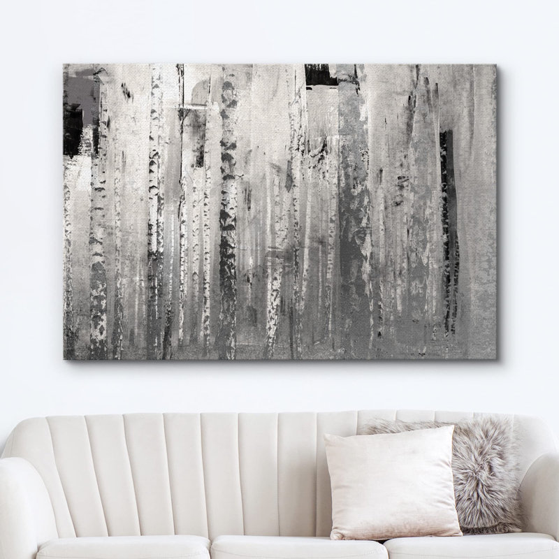 «Aspen Birch», style grunge, bouleau gris, forêt, paysage, technique mixte, rustique sur toile, H 12 po x l 18 po x P 1,5 po