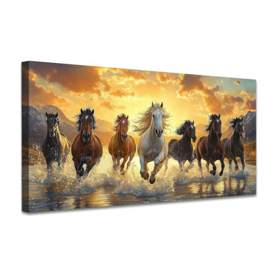7 Horses Running Painting Vastu With Frame – Large Running Horses Wall Art Canvas Print For Living Room, Vintage Horse Pictures Wall Decor Framed Canvas Print Easy To Hang 20×40 Inches