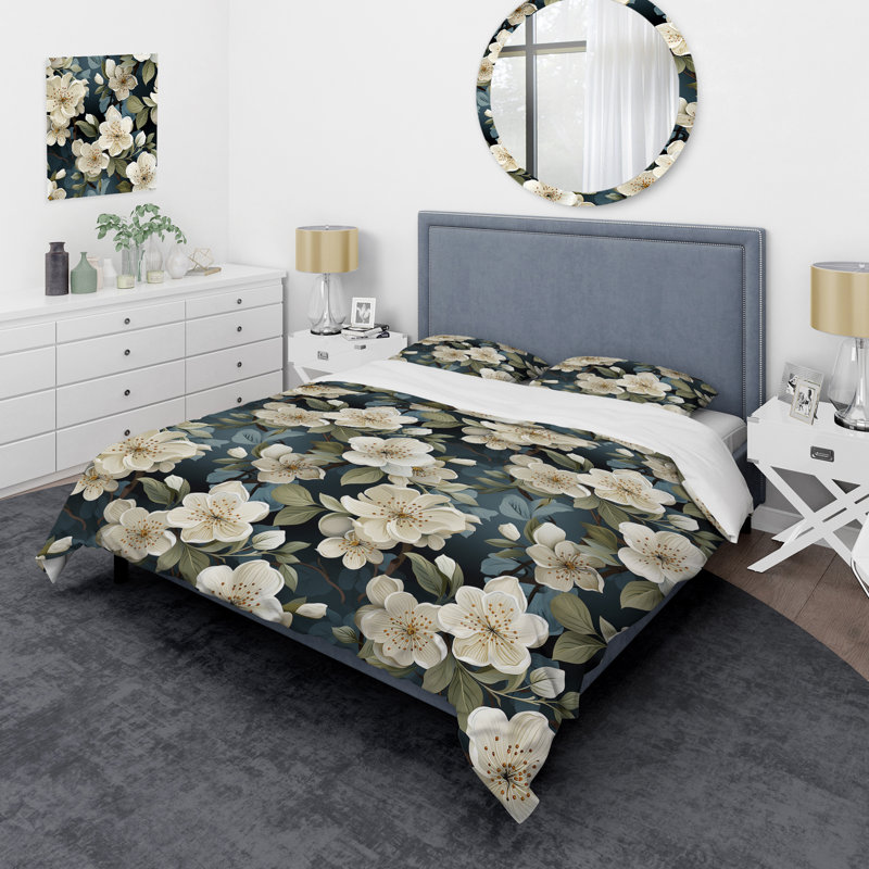 Literie orchidée grise et blanche, Housse de couette pour très grand lit et 2 très