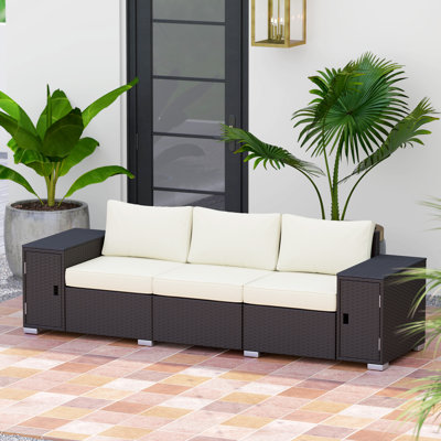 3 Seater Wicker Sofa with Storage and Thickened Cushions, Rattan Outdoor Patio Sofa with Wide Armrests and Seat, Wicker Outdoor Couch for Porch, Garden, Backyard