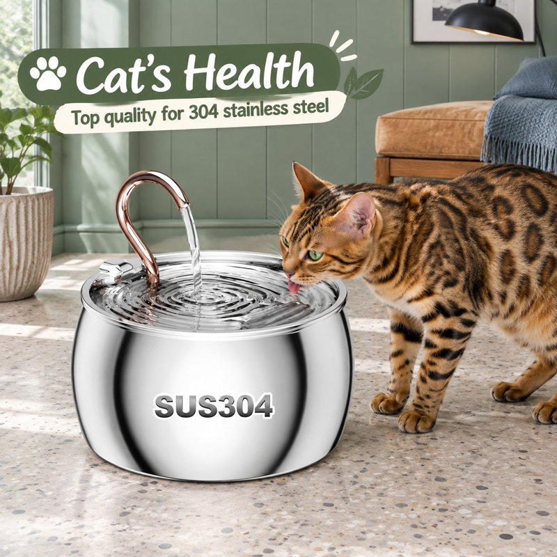 2.5L/84oz Stainless Steel Cat Fountain with a gooseneck spout, quiet operation, and automatic dispensing for indoor cats and other pets.