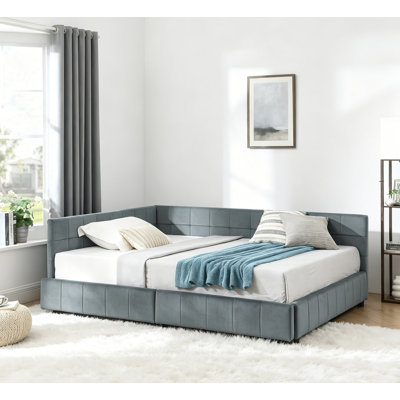 Grey Velvet Full Size Tufted Storage Bed Frame, Sofa Bed with Soft Backrest & Armrests for Bedroom & Living Room