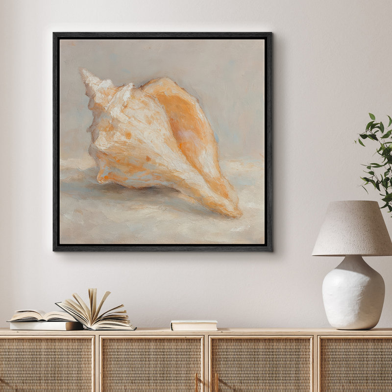 «Neutral Coastal Conch Shell Still Life Ocean Inspired Decor», reproduction d'art sur toile encadrée, Cadre flottant noir