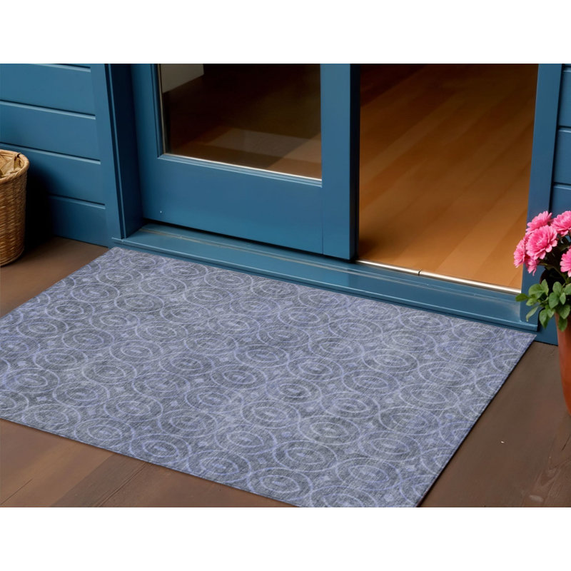 3' X 5' Denim Blue Geometric Washable Indoor Outdoor Area Rug