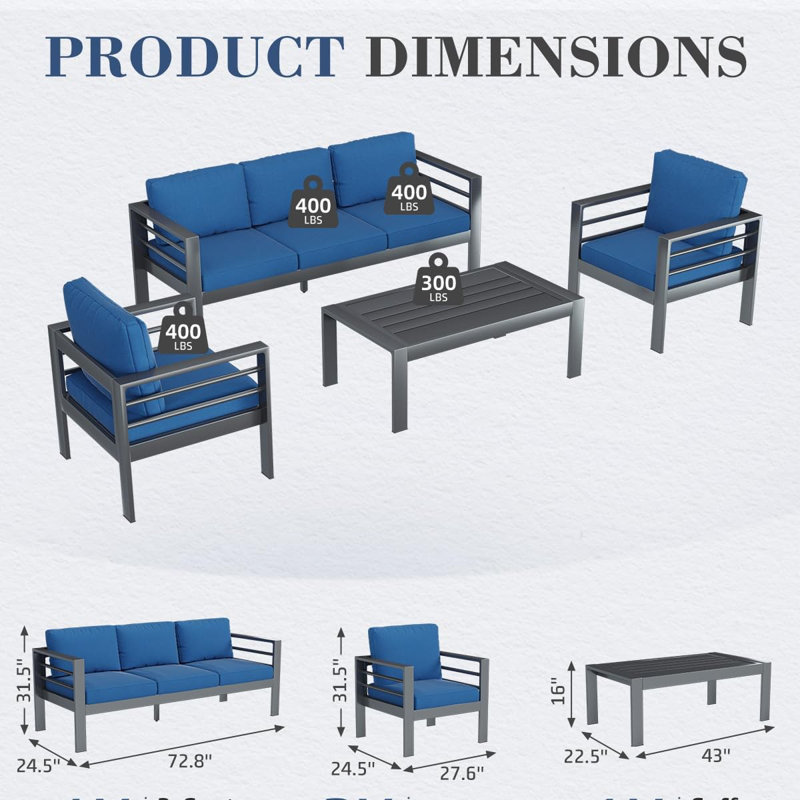 Aluminum Patio 5 Seats Modern Outdoor Furniture With Coffee Table, Blue