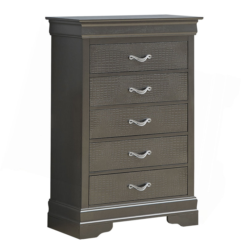 Commode verticale à 5 tiroirs avec façade texturée et poignées décoratives, Gris
