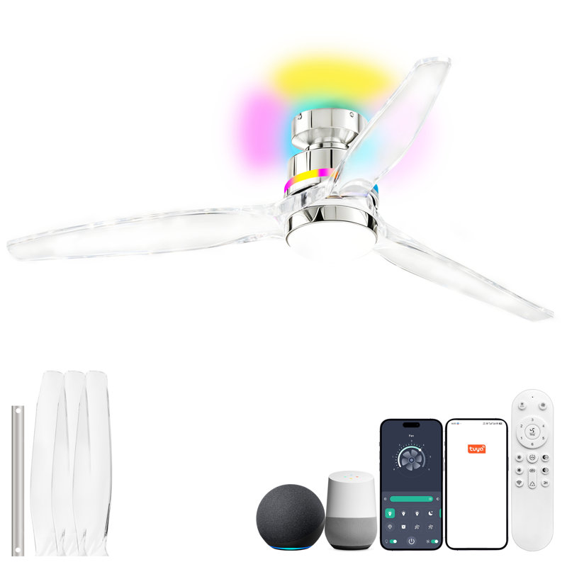 Ventilateur de plafond encastré ou à tige verticale 52 po avec veilleuses RVB, télécommande et commande vocale, pales PC haute transparence, moteur à courant continu en cuivre pur, chrome