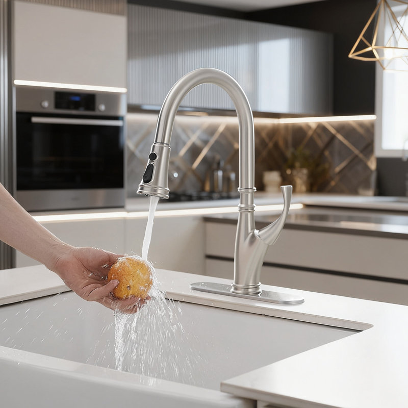 Robinet de cuisine monocommande à bec rétractable à 3 jets avec plaque de pont en nickel brossé, Nickel brossé