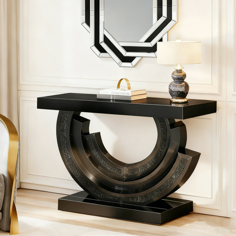 Console de luxe moderne avec base en miroir en demi-lune, table d'entrée en verre trempé noir avec décor de diamant concassé, canapé d'appoint glamour pour le salon