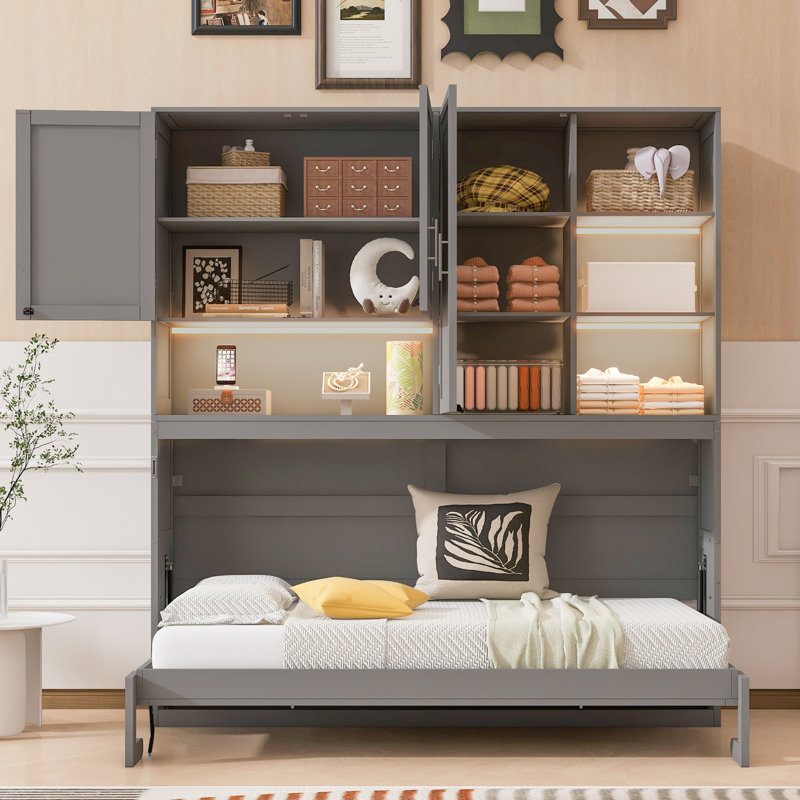 Lit escamotable simple simple avec armoire supérieure, tablettes, lit pliable peu encombrant avec lumière DEL et USB, gris