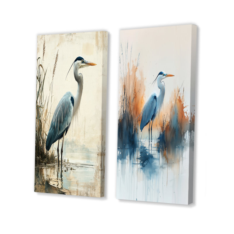 Tranquil Heron By The Lake I - Paysages, art mural 2 pièces, H 28 po x l 25 po, Toile tendue