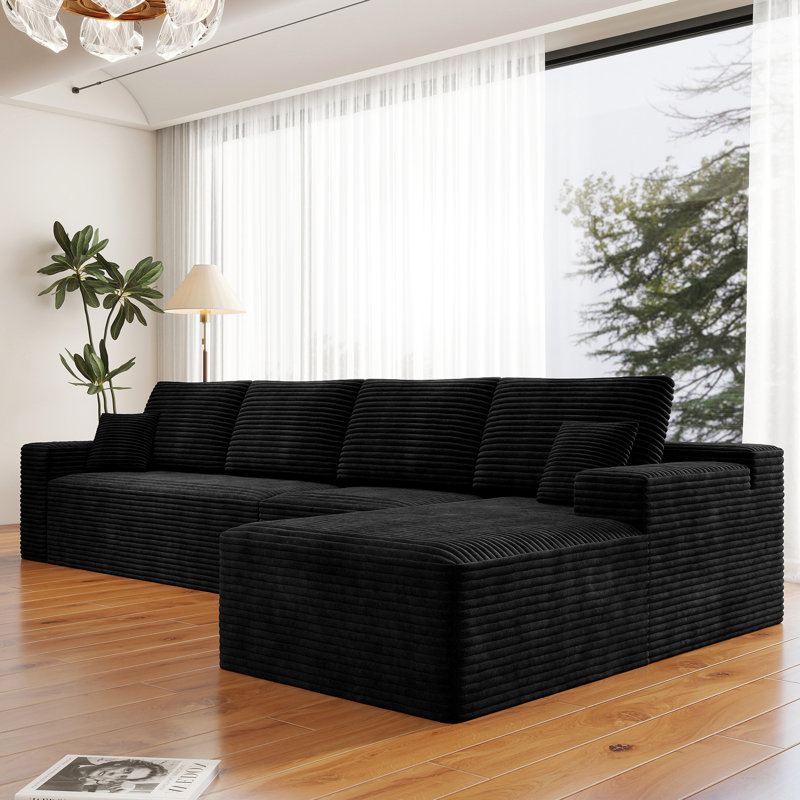 132" L-shaped Sectional Couch, Compression Sofa, Black Corduroy, Right Facing, Right Hand Facing, Black Corduroy