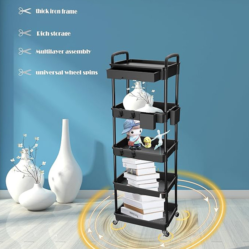Rolling Storage Cart, 5 Tier Storage Organizer Utility Cart Mobile Shelving Unit, Matte Black
