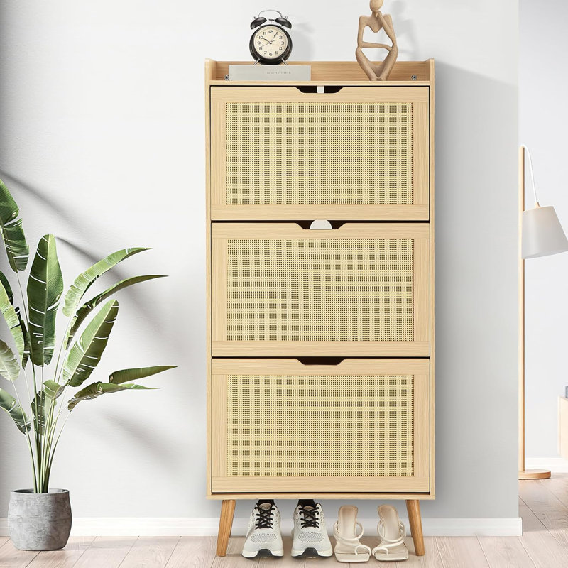Range-chaussures avec 3 tiroirs, rangement en rotin naturel tissé à la main
