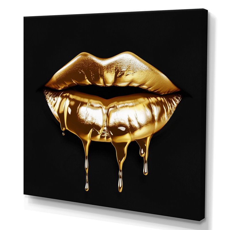 Gold Lips Of Luxury V - Art mural tendance pour le salon, H 36 po x l 36 po x P 1,5 po, Toile tendue
