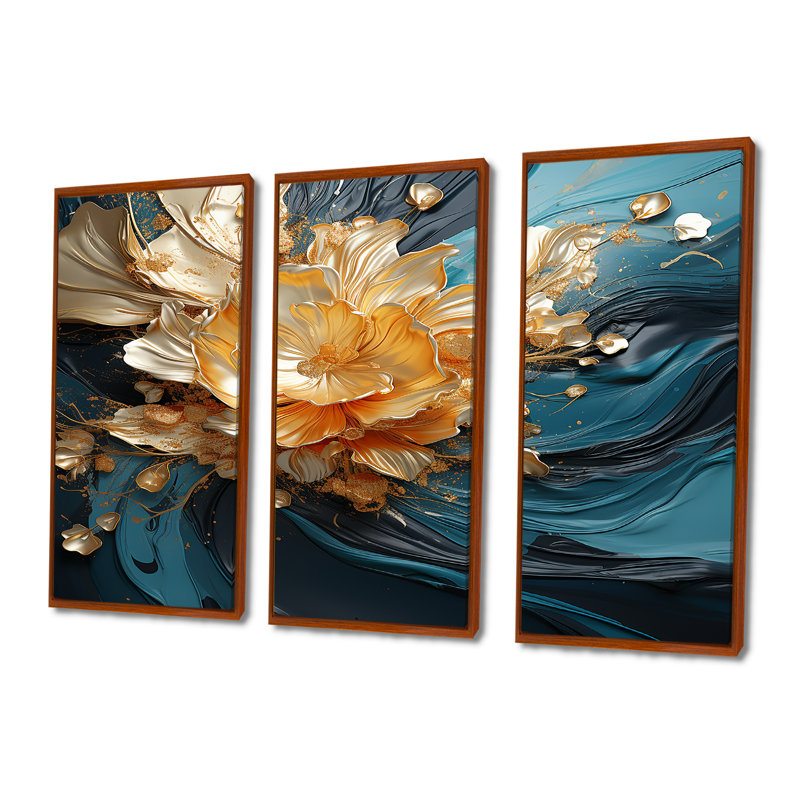Blooming Golden Flower Waves - Art mural abstrait, ensemble de salon, Cadre flottant brun, H 40 po x l 60 po x P 1 po