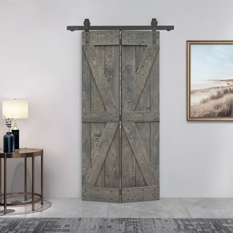 Porte de grange pliante en bois de pin avec quincaillerie coulissante, Gris patiné, 24 po x 84 po