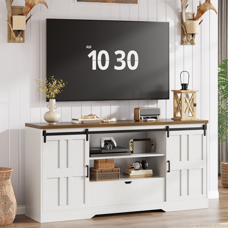 Farmhouse Tv Stand With Sliding Barn Doors & Adjustable Shelves For Tvs Up To 65 70 75" – White, White