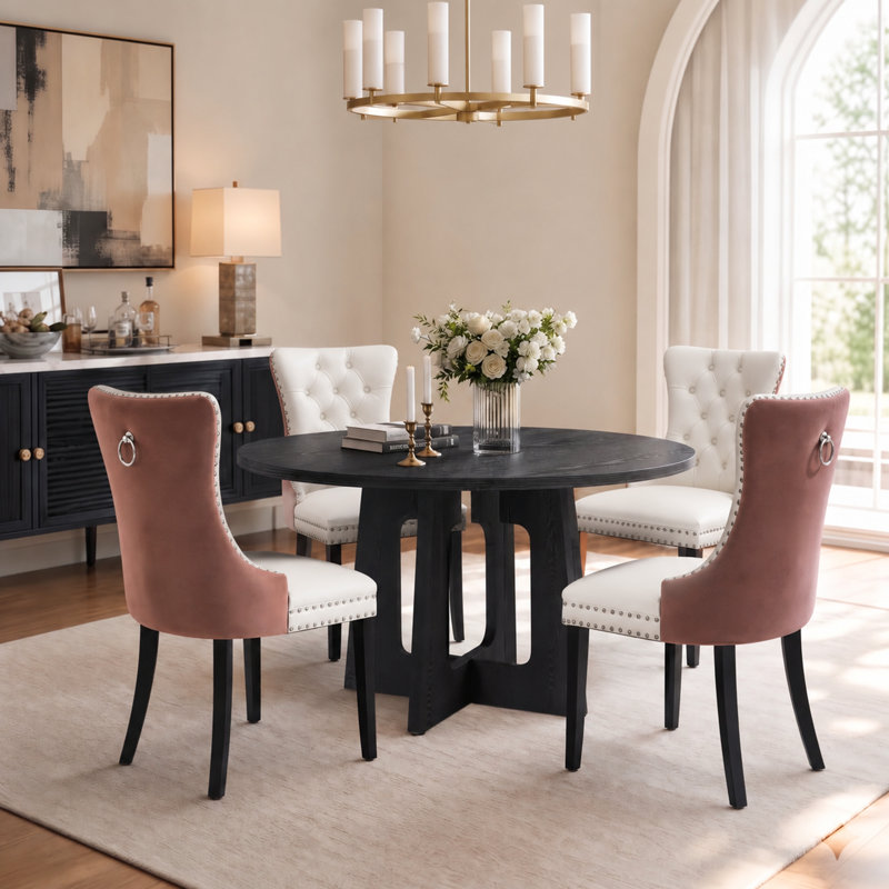 Ensemble de salle à manger rond en bois fabriqué avec des chaises rembourrées capitonnées en similicuir, Blanc / Rose