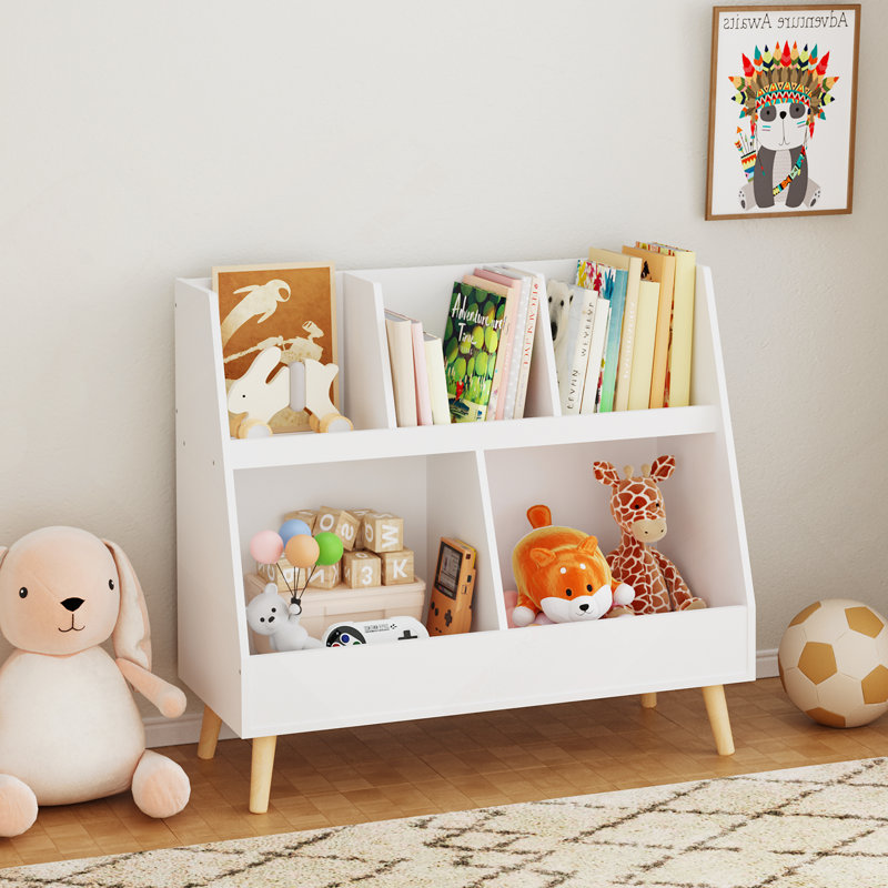 Bibliothèque pour enfants et organisateur de jouets, bibliothèque ouverte en bois à 5 casiers, rangement pour bébé à 2 niveaux avec pieds