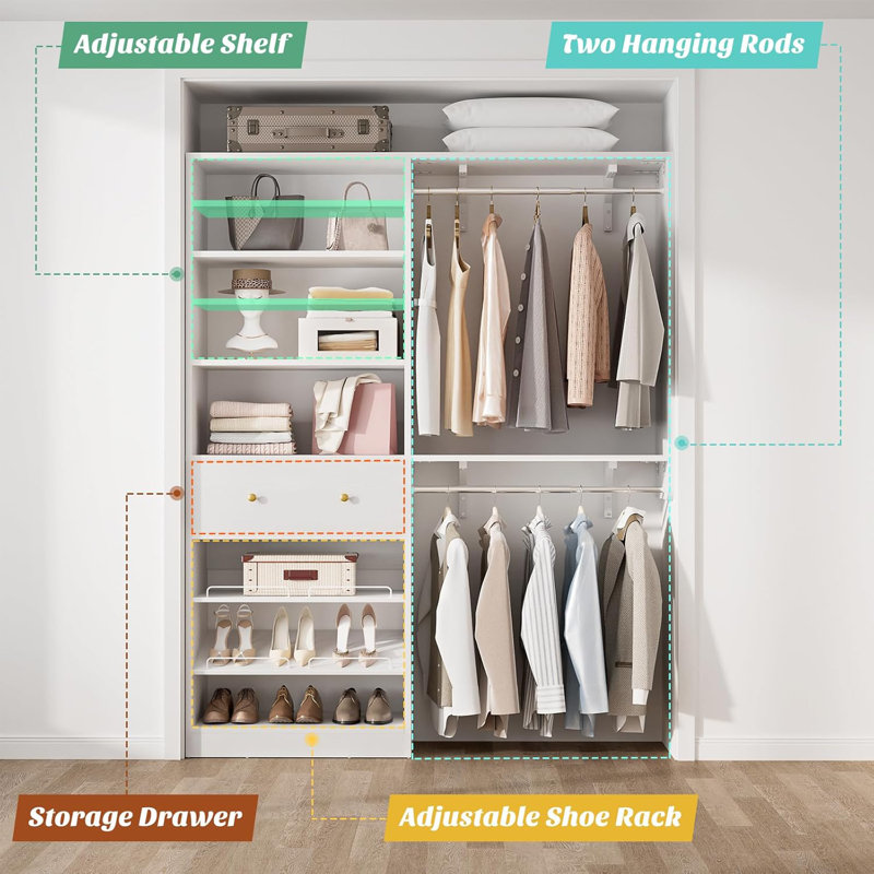 Riobe 28.3'' - 59.8'' W Closet System with Wooden Drawer and Hanging Rods(Cut to Fit), White