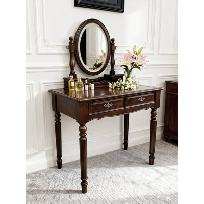Traditional Wood Vanity Table Set With Lighted Tiltable Oval Mirror