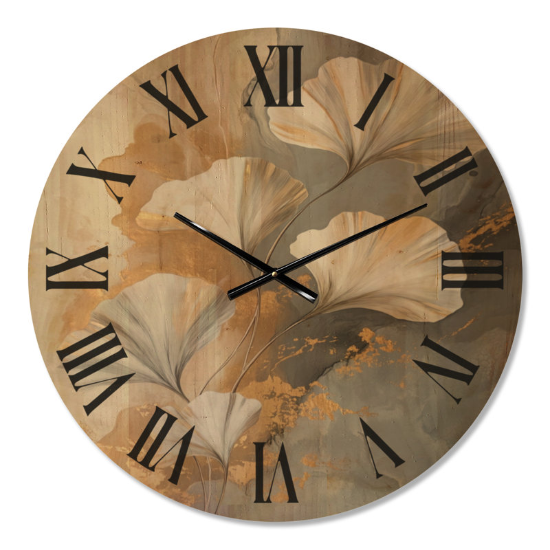 Horloge murale silencieuse blanche et élégante, motif feuilles de ginkgo dorées, imprimée sur bois, Médium