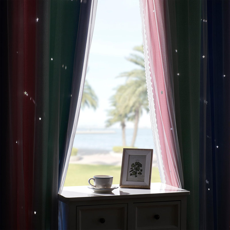 Rainbow Curtains for Kids Room - Blackout, 1 Panel with Unicorn Wall Decals, 52" W x 63" L, Pink/Green/Grey