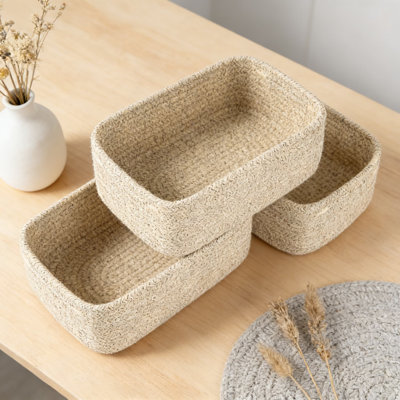 Small Woven Storage Basket Set Of 3, Handwoven Natural Cotton Rope Organizer Bins With Handles For Shelves, Closet, Nursery, And Home Decor