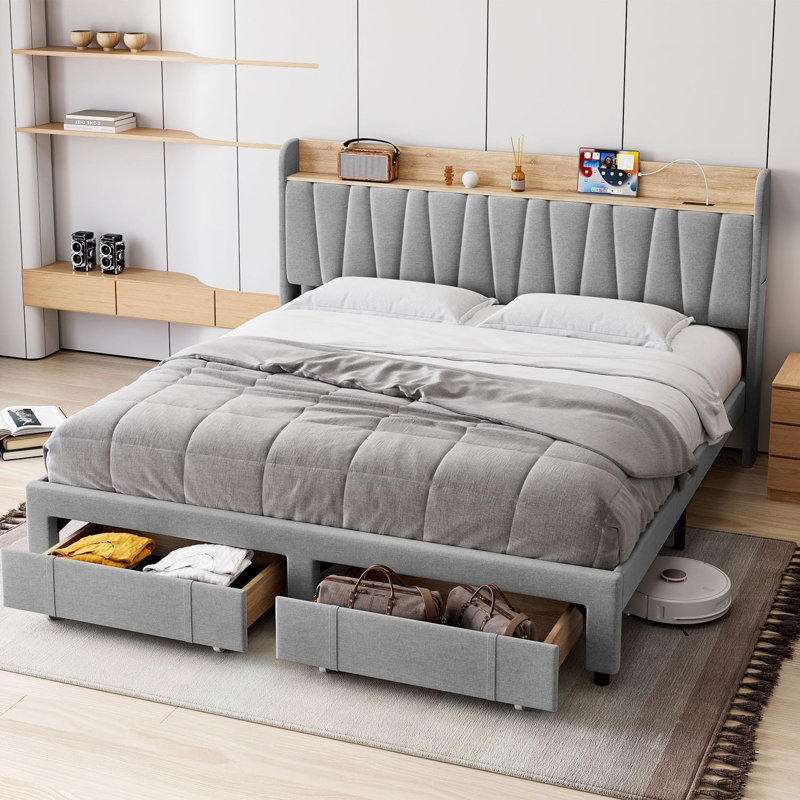 Upholstered Bed Frame with Headboard, Platform Bed with Storage Headboard, Charging Station, Metal Drawers, Wooden Slats