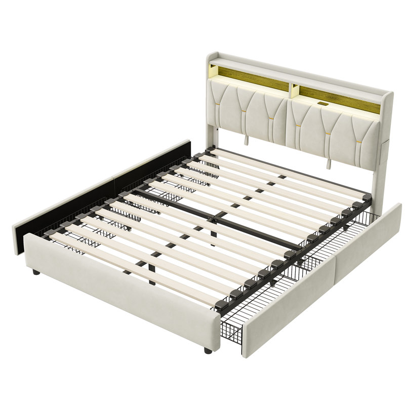 Platform Bed with LED Lights & Headboard Storage, Underbed Storage Drawers, USB-A/C Charging, EuropeanDouble (140 x 200 cm)