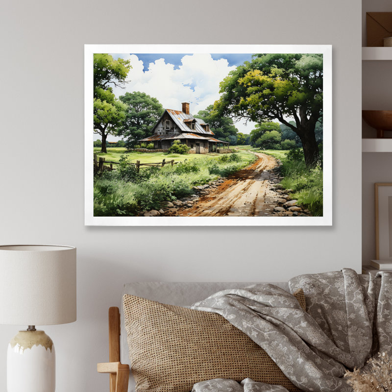 Farmhouse Natures Embrace Pointillism - impression, Cadre photo blanc, H 12 po x l 20 po x P 1 po
