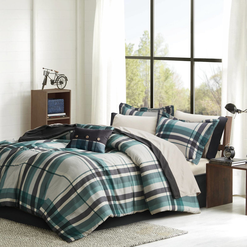 Lit double en microfibre 9 pièces pour lit double, édredon en tissu écossais classique, rembourrage de draps assortis, - Collection de literie, uni