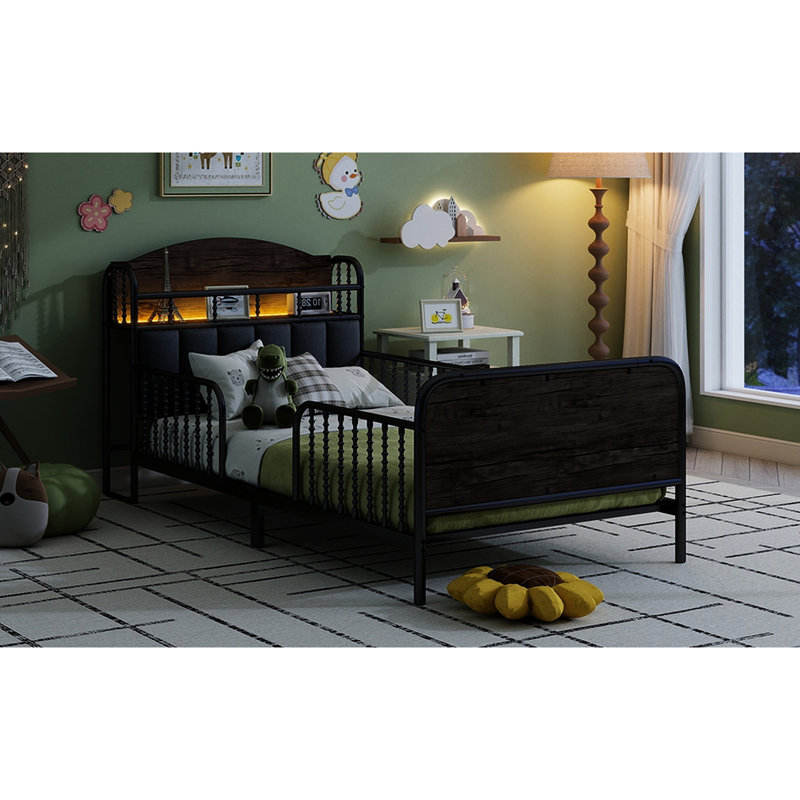 Lit en métal avec tête de lit tapissier, DEL et 21 lattes pour un lit relaxant avec lumières jumelles, soutien du cou confortable, espace de rangement