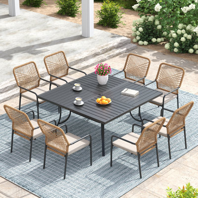 8-Person Patio Dining Set with Extra Large Square Dining Table and Cushioned Stackable Rattan Chairs