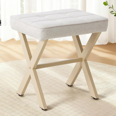 Vanity Stool Ottoman, Square Linen Makeup Stool Metal X Legs, Small Footstool Chair For Vanity, Modern Padded Seat Foot Rest For Makeup Room, Bathroom,Living Room, Entryway, Beige