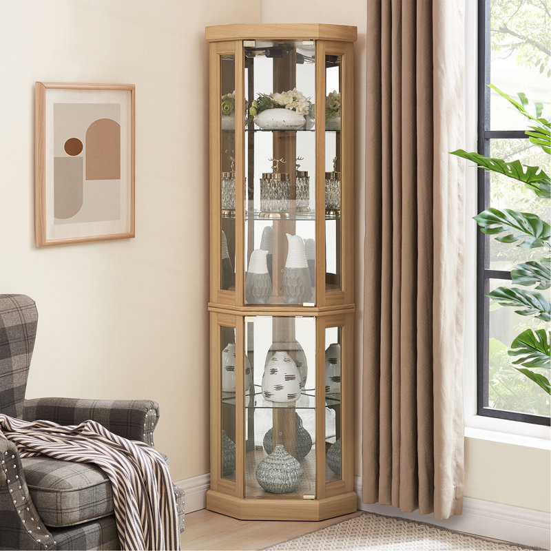Corner Glass Cabinet Lighted Curio Cabinet Corner Display Case For Living Room, Curio Cabinet, Antique Collection, Wine,Bar Glass Storage Light Included