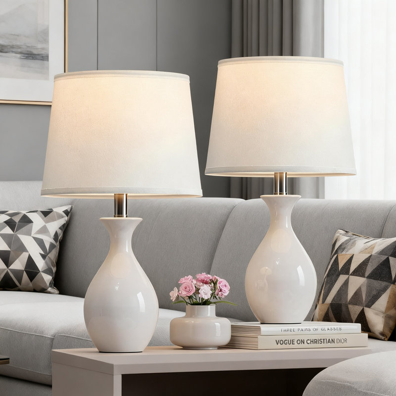 Ceramic Table Lamp Set Of 2, Modern Nightstand Lamps With Linen Shade, Bedside Lighting For Bedroom Living Room Desk, Led Bulbs Included, Rocker Switch