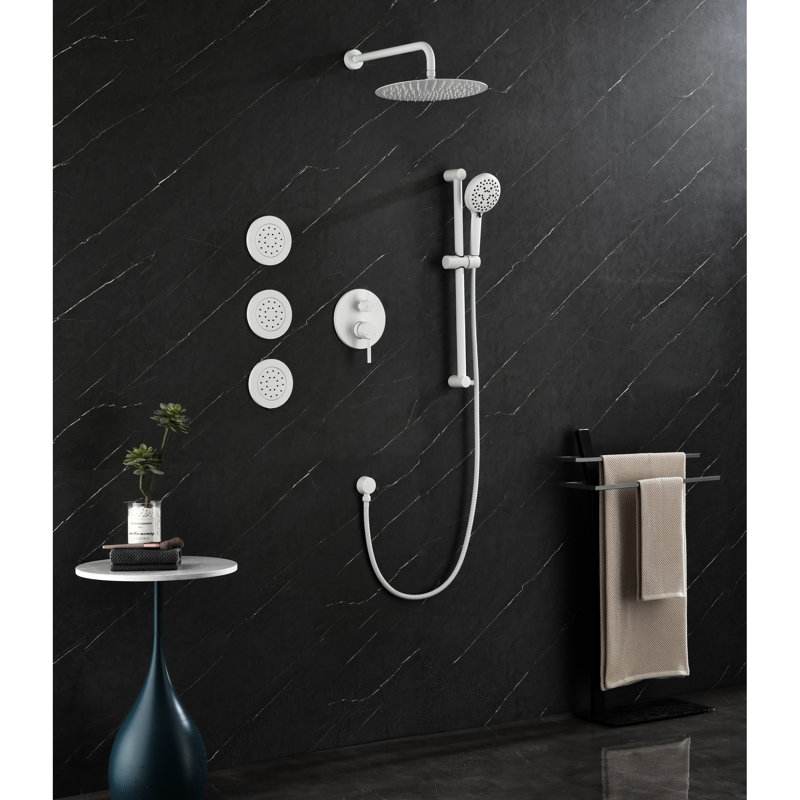 Shower System In White Brass With Head, Hand Shower, Slide Bar, Bodysprays - Wall Mounted Style Version