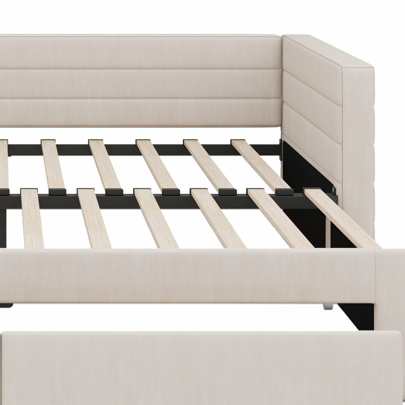 Upholstered Daybed Frame With Trundle And Storage Drawers, Beige