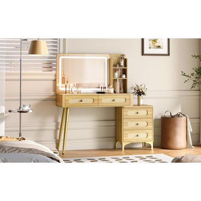 47" Vintage Lighted Makeup Vanity Desk with Rattan Drawer Design, 5 Drawers, Storage Shelf, 3 Color Modes & Adjustable Brightness, Natural Wood Tone