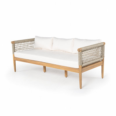 Canapé d'extérieur 3 places en bois d'acacia avec accoudoirs tissés en corde, siège de patio moderne avec coussins amovibles, banc d'extérieur robuste résistant aux intempéries